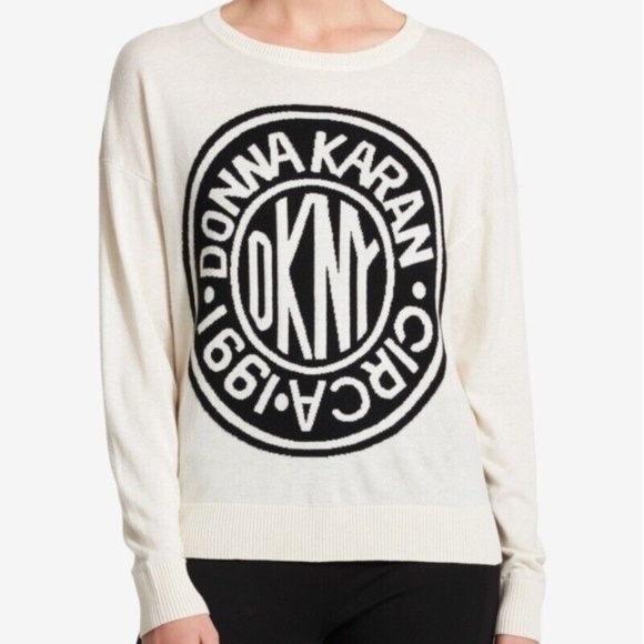 DKNY Cream and Black Crew Neck Sweater - Picture 1 of 5